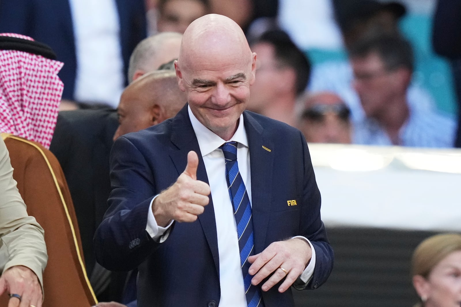 FIFA president Gianni Infantino gestures ahead of the Club World Cup group A soccer match between Al Ahly and Inter Miami in Miami, Fla., Saturday, June 14, 2025. (AP Photo/Lynne Sladky)