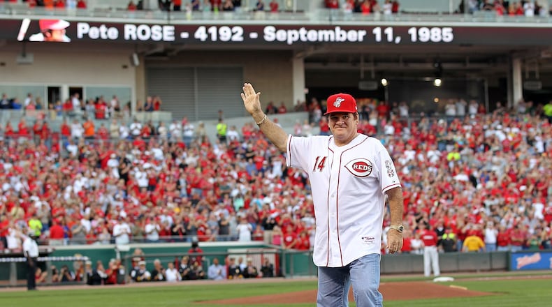 FILE - DECEMBER 14, 2015: It was reported that MLB Commissioner Rob Manfred announced Pete Rose remains banned for life from Major League Baseball December 14, 2015. CINCINNATI - SEPTEMBER 11: Pete Rose takes part in the ceremony celebrating the 25th anniversary of his breaking the career hit record of 4,192 on September 11, 2010 at Great American Ball Park in Cincinnati, Ohio. He was honored before the start of the game between the Pittsburgh Pirates and the Cincinnati Reds. (Photo by Andy Lyons/Getty Images)
