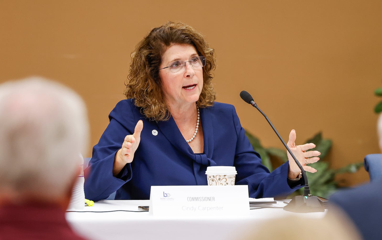 Butler County Commissioner Cindy Carpenter speaks to the crowd of nearly fifty people during a discussion on homelessness with local elected officials and social service organizations in attendance Monday, July 29, 2024 in Hamilton. NICK GRAHAM/STAFF