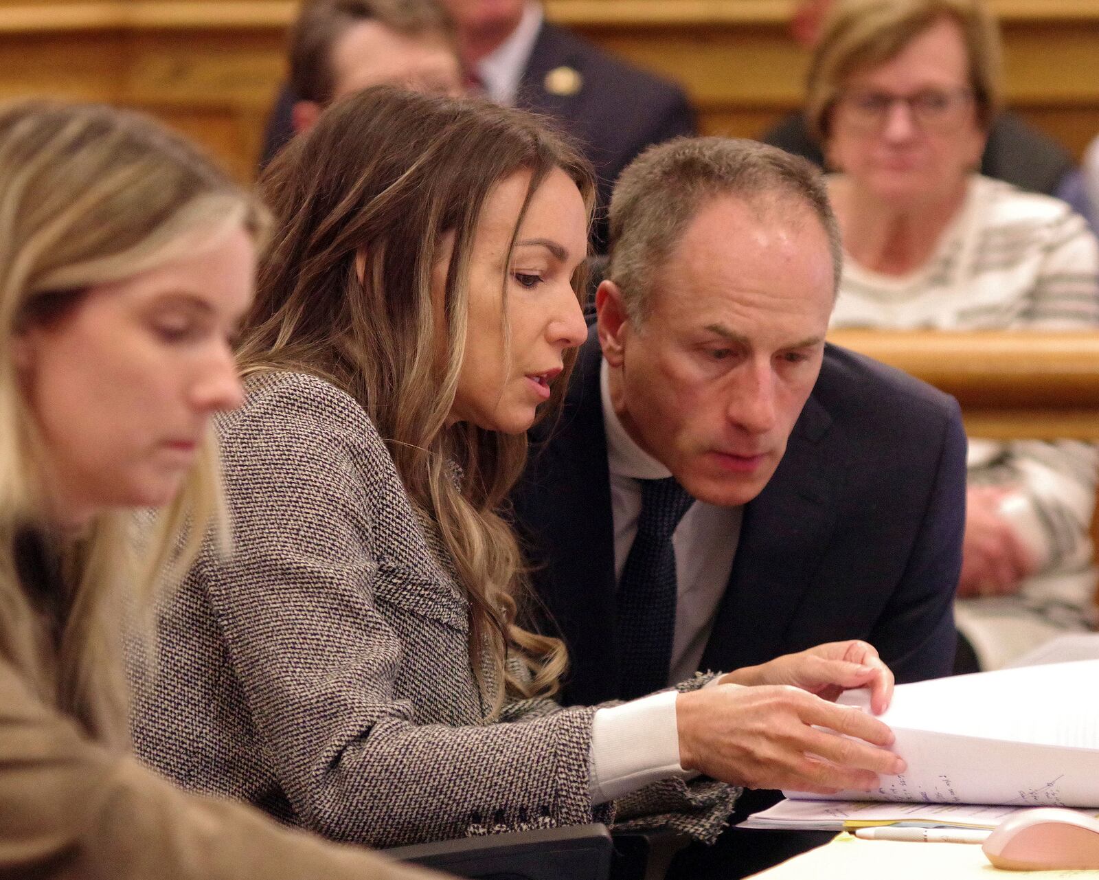 Karen Read confers with attorney David Yannetti during her trial at Norfolk Superior Court in Dedham, Mass., Friday, May 2, 2025. (Mark Jarret Chavous/The Enterprise via AP, Pool)