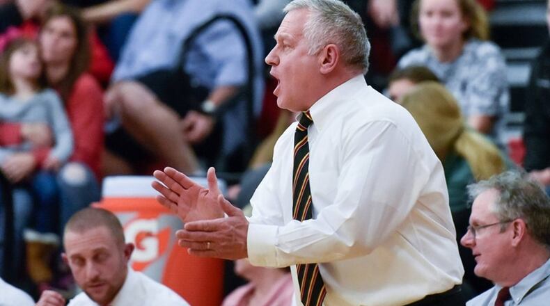 Fenwick coach Pat Kreke encourages his team during a 56-45 win over visiting Badin on Jan. 18, 2019, in Middletown. NICK GRAHAM/STAFF