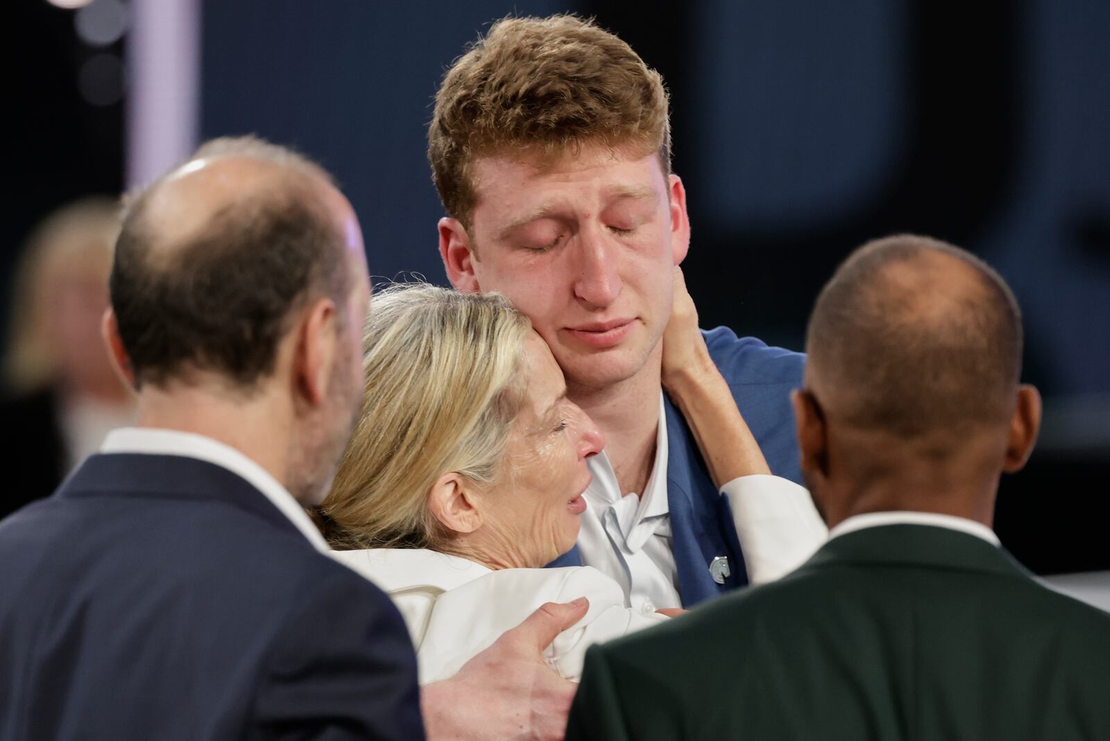 Danny Wolf reacts after being selected 24th by the Brooklyn Nets in the first round of the NBA basketball draft, Wednesday, June 25, 2025, in New York. (AP Photo/Adam Hunger)