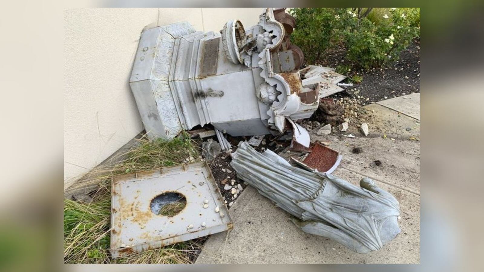 A Hamilton fountain demolished by a classic car will be restored to the city later this month. Pictured is the fountain after the wreck. PROVIDED