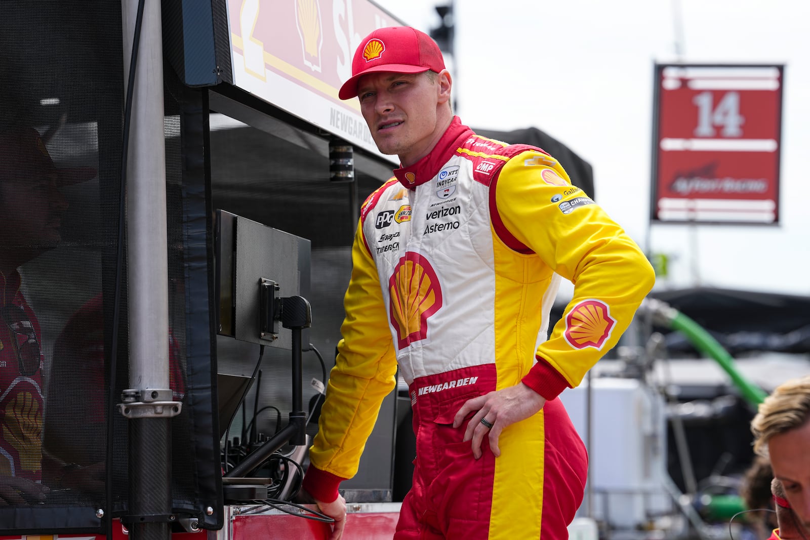 Josef Newgarden waits for the start of practice for the Indianapolis 500 auto race at the Indianapolis Motor Speedway in Indianapolis, Monday, May 19, 2025. (AP Photo/Michael Conroy)