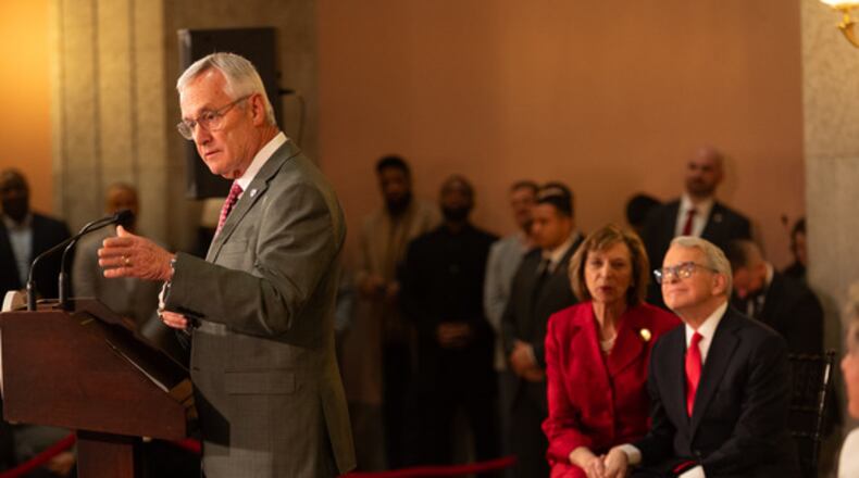 Former Ohio State football coach Jim Tressel addresses a crowd on Feb. 14, 2025, after taking his oath of office to become Ohio's 67th lieutenant governor. Photo provided by the governor's communications team.