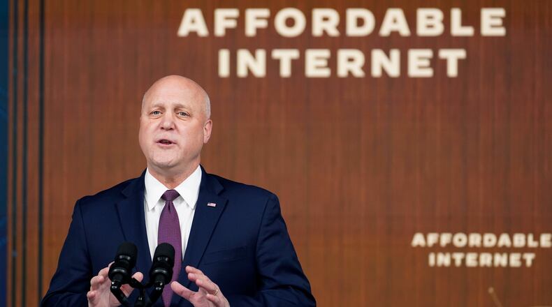 White House infrastructure coordinator Mitch Landrieu talks about the infrastructure law's investments in affordable, accessible high-speed internet from the South Court Auditorium on the White House complex in Washington, Monday, Feb. 14, 2022. (AP Photo/Susan Walsh)