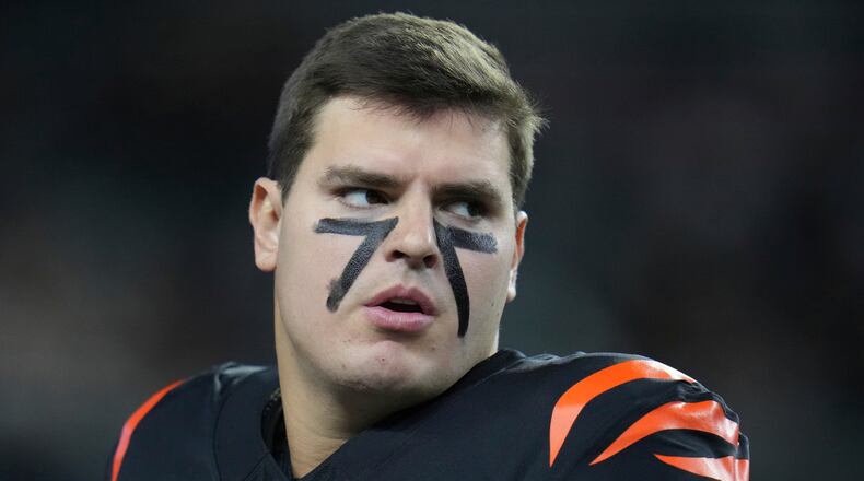 Cincinnati Bengals defensive end Trey Hendrickson before an NFL football game against the Dallas Cowboys, Monday, Dec. 9, 2024, in Arlington, Texas. (AP Photo/Julio Cortez)