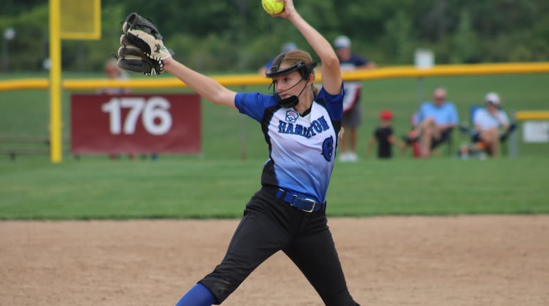 Olivia Lane of West Side Little League softball fires a pitch plateward during the state tournament. CONTRIBUTED