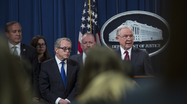 WASHINGTON, DC - FEBRUARY 27: Attorney General Jeff Sessions speaks during a press conference at the Department of Justice in Washington, DC on February 27, 2018. Sessions introduced the Prescription Interdiction Litigation task force (PILS), aimed to combat the opiod epidemic. (Photo by Toya Sarno Jordan/Getty Images)