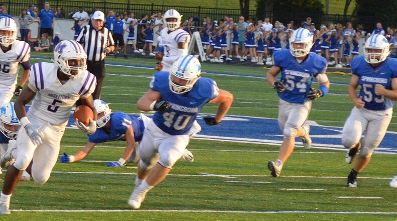 Middletown’s Josh Bryant takes off with the ball during an Aug. 31 game at Springboro that was ultimately won by the host Panthers 42-26. CONTRIBUTED PHOTO BY ERIC FRANTZ