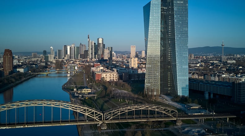 The European Central Bank is pictured in Frankfurt, Germany, Wednesday, March 18, 2026. (AP Photo/Michael Probst)