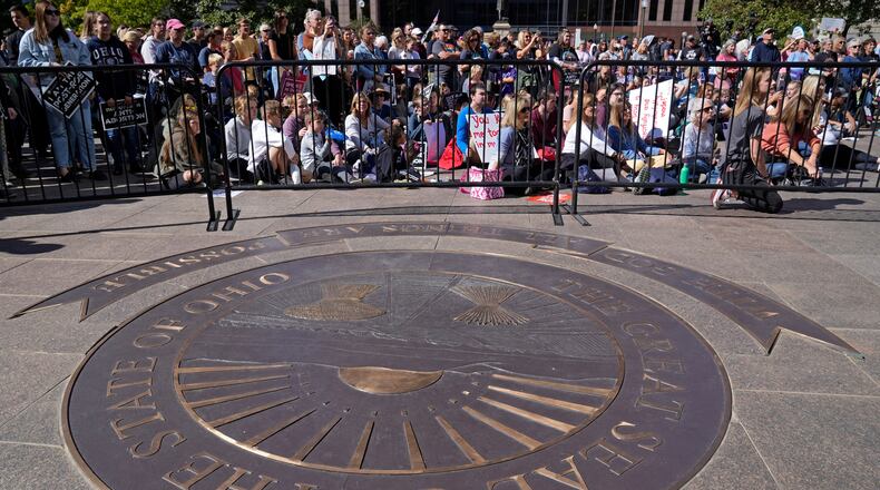 Demonstrators turn out for “Ohio March for Life” to support ending abortion access in Ohio at the Statehouse in Columbus, Ohio on Wednesday, Oct. 5, 2022. (Barbara Perenic /The Columbus Dispatch via AP)