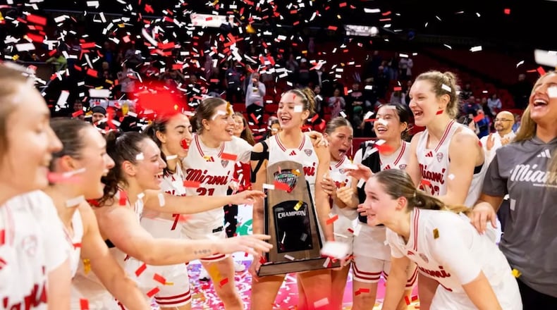 The Miami women’s basketball team celebrates after winning the Mid-American Conference regular season title on Wednesday, March 4, 2026 at Millett Hall. MIAMI ATHLETICS PHOTO