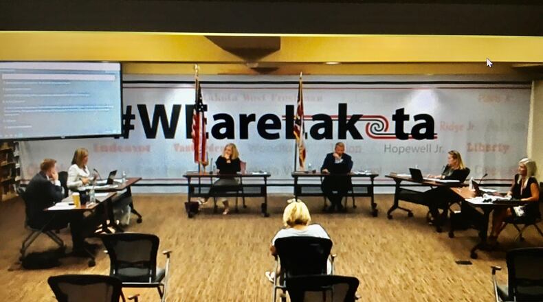 During the Lakota school board's Monday evening, virtual meeting (pictured), district officials reported the opening of classes under the coronavirus went smoothly. Board members also started process to fill a vacant seat. (Photo By Michael D. Clark\Journal-News)
