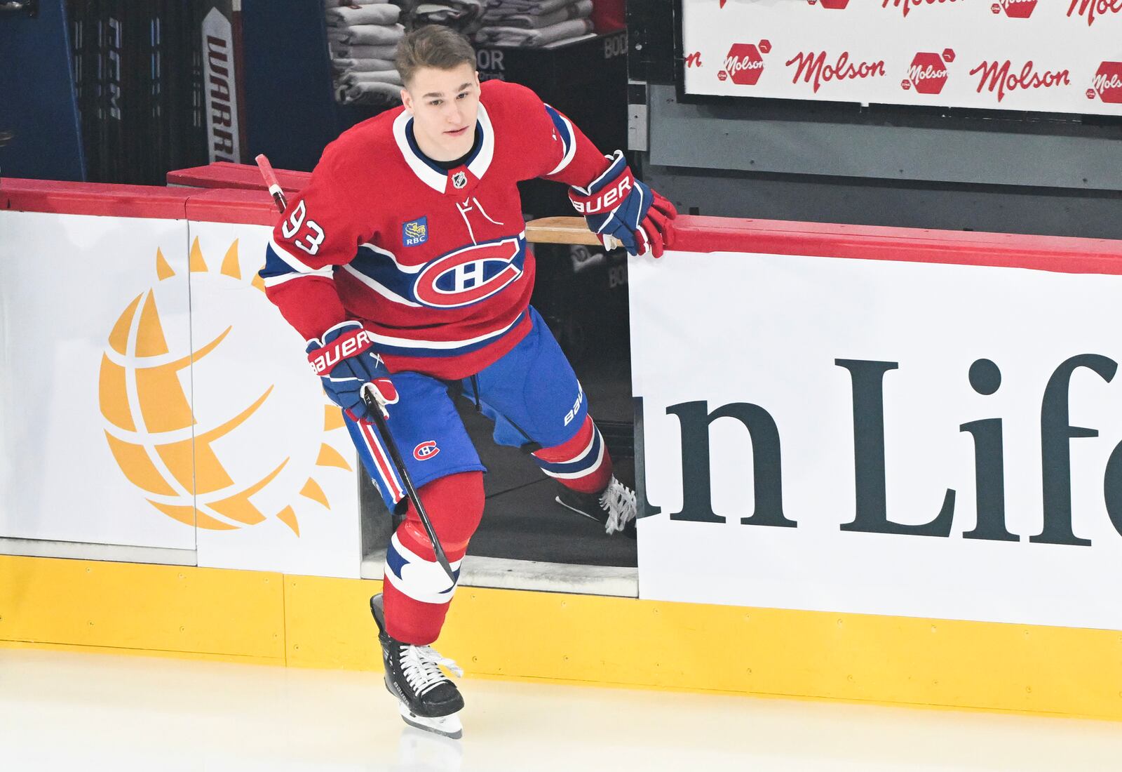 Montreal Canadiens' Ivan Demidov steps onto the ice prior to an NHL hockey game against the Chicago Blackhawks in Montreal, Monday, April 14, 2025. (Graham Hughes/The Canadian Press via AP)