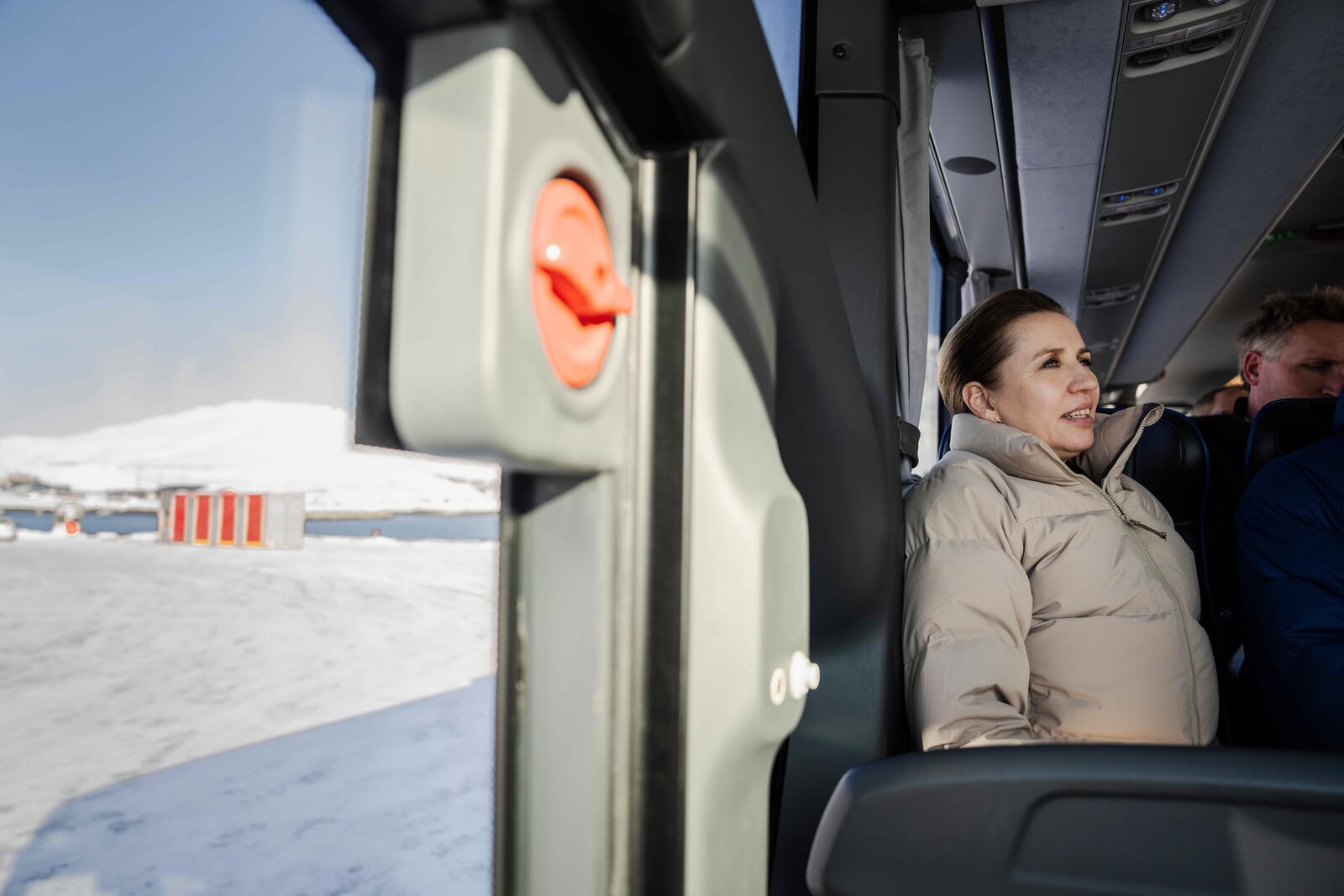 Denmark's Prime Minister Mette Frederiksen and Greenland's new Prime Minister, Jens-Frederik Nielsen, not pictured, on a bus tour during her three-day visit around Nuuk, Greenland, Wednesday, April 2, 2025. (Mads Claus Rasmussen/Ritzau Scanpix via AP)
