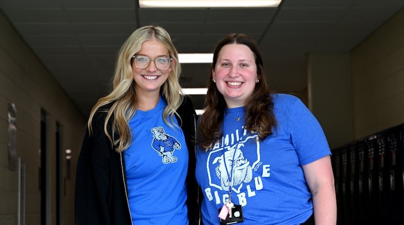 Pictured are Halie Barger, a second-year English teacher at Wilson Middle School, and Anna Tumlin, a first-year science teacher in the same building. The junior high teachers talked on Wednesday, Aug. 6, 2025, with the Journal-News about the upcoming school year, which begins the week of Aug. 11, 2025. Half the students will report on Monday, Aug. 11 and the other half report on Tuesday, Aug. 12. All students report to school on Wednesday, Aug. 13. MICHAEL D. PITMAN/STAFF