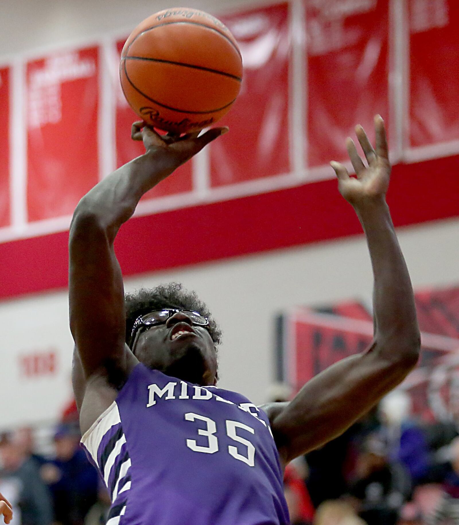 Middletown forward Jomar Bailey puts in two points against Wilmington on Tuesday night during a Division I sectional game at Fairfield Arena. CONTRIBUTED PHOTO BY E.L. HUBBARD