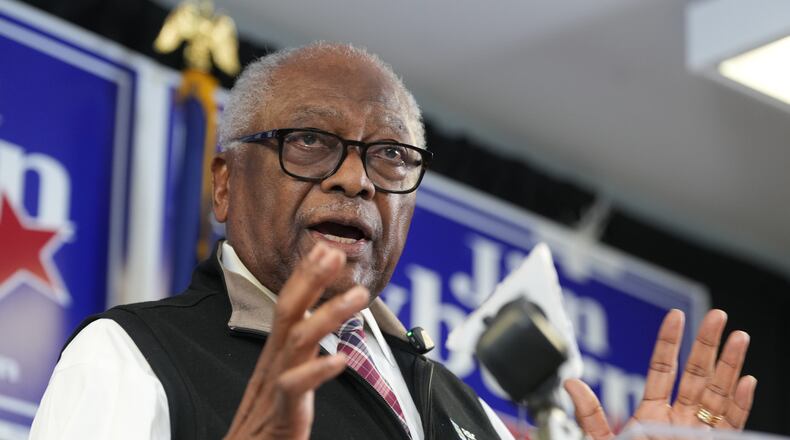 Rep. Jim Clyburn, D-S.C., announces his intent to seek an 18th U.S. House term, during an event at the South Carolina Democratic Party headquarters, Thursday, March 12, 2026, in Columbia, S.C. (AP Photo/Meg Kinnard)