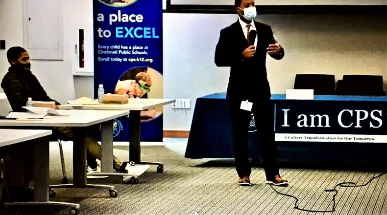 The head of Middletown Schools made his pitches to be hired as Cincinnati Public Schools' next superintendent on live stream broadcasts Thursday. The unusually public interview process saw Middletown's Marlon Styles Jr. - one of three finalists for the Cincinnati job - quizzed by high school students, school parents and city school residents. (Photo By Michael D. Clark\Journal-News)