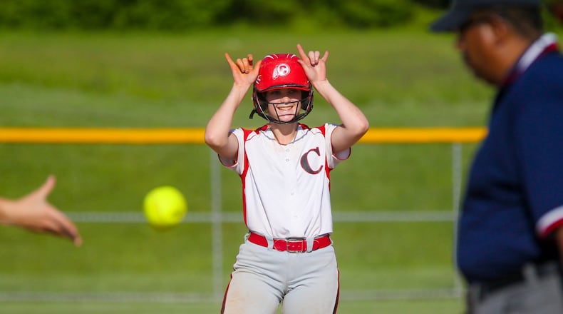 Carlisle’s Bailey Naylor (3) celebrates hitting a double during a Division III sectional softball final game against Madison at Fenwick on May 15, 2017. Madison won 3-1. GREG LYNCH/STAFF