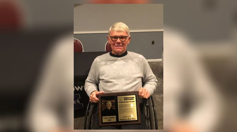 Danny Slusher, a 1966 Middletown High School graduate and standout football player, was recently inducted into the school's athletic hall of fame. He was paralyzed in an auto accident in 1989. SUBMITTED PHOTO