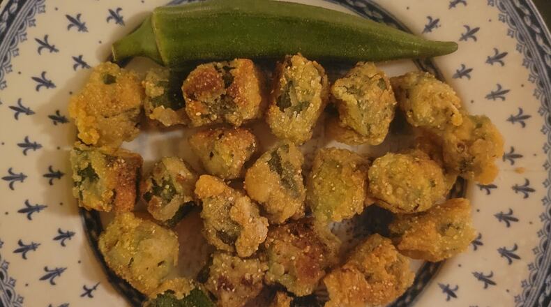 Okra is a fruit botanically related to cotton and cacao. It is oddly shaped, an elongated 5-sided pod with prickly skin, with lots of seeds and gel inside. CONTRIBUTED