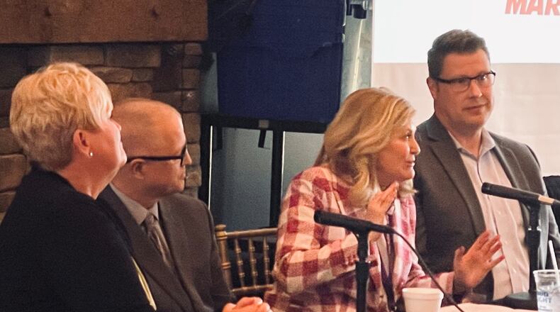 Four area superintendents. including (from left) Kelly Spivey of Edgewood City Schools, Jeff Staggs of Madison Local Schools, Deborah Houser of Middletown City Schools and Robert Buskirk, of Monroe Local Schools spoke to members of The Chamber of Commerce Serving Middletown, Monroe and Trenton on Thurs., March 2, 2023 at Forest Hills Country Club in Middletown. STAFF PHOTO