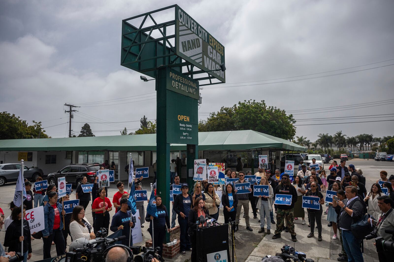 A press conference with families of detained car wash workers Wednesday, June 11, 2025, in Culver City, Calif. (AP Photo/Ethan Swope)