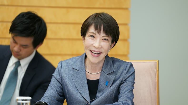 Japan's Prime Minister Sanae Takaichi speaks during a meeting with Taiwan Semiconductor Manufacturing Company's Chairman C.C. Wei at the prime minister's office in Tokyo, Thursday, Feb. 5, 2026. (Kazuhiro Nogi/Pool Photo via AP)