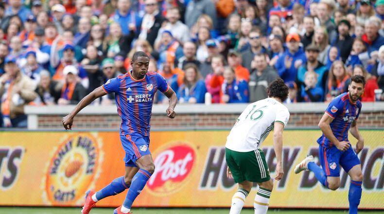 CINCINNATI, OH - MARCH 17: Fanendo Adi #9 of FC Cincinnati controls the ball against the Portland Timbers in the first half at Nippert Stadium on March 17, 2019 in Cincinnati, Ohio. FC Cincinnati won its inaugural home match 3-0. (Photo by Joe Robbins/Getty Images)