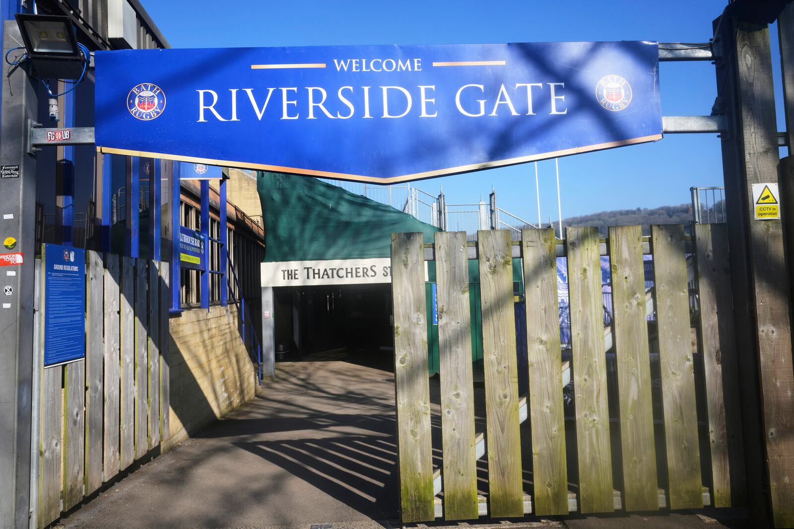 The entrance to the Rugby stadium in the World Heritage site of Bath, England, Wednesday, March 5, 2025. (AP Photo/Frank Augstein)