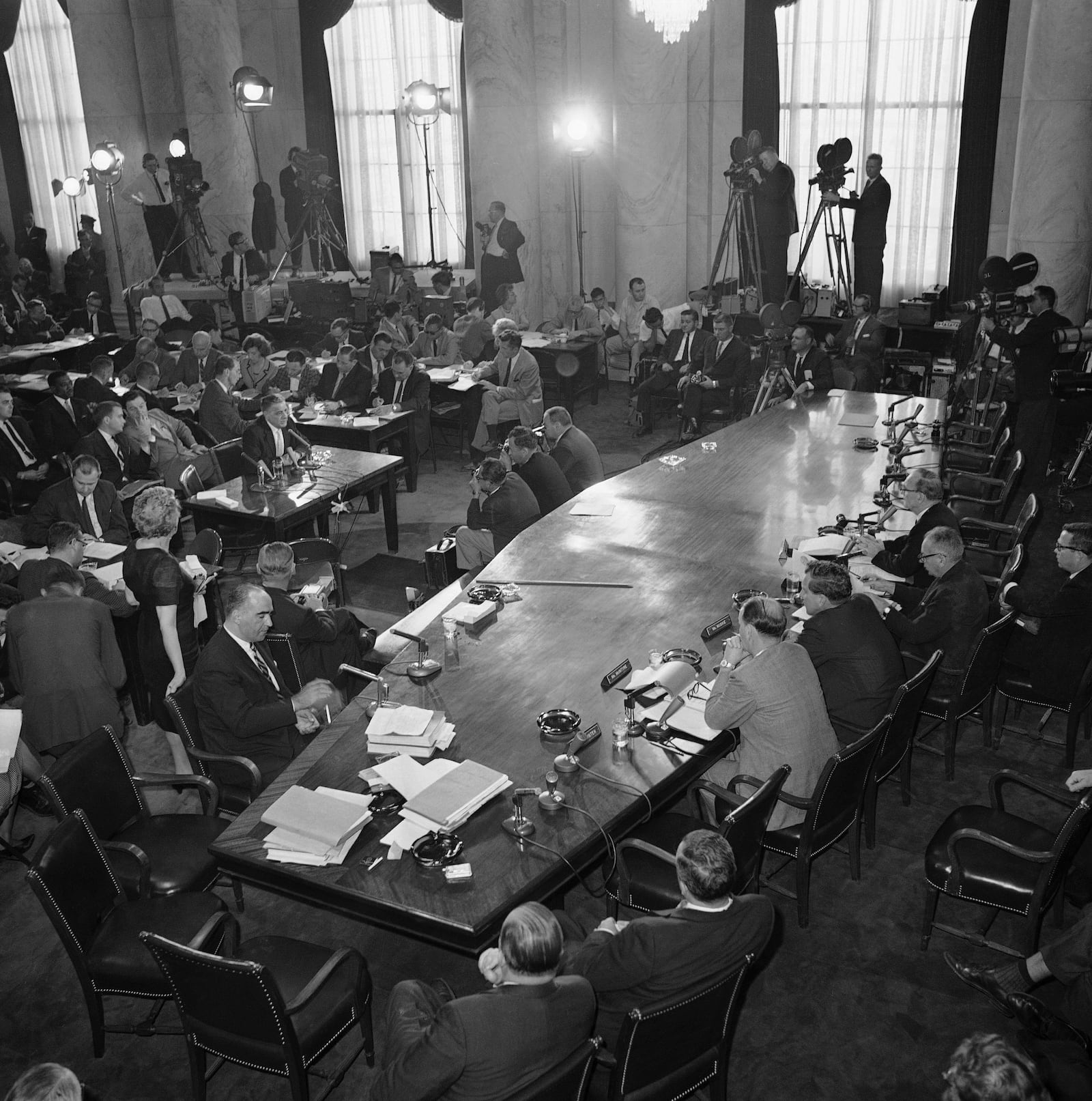 FILE - Joseph Valachi, center left, testifies before the Senate Investigate Subcommittee in Washington, Sept. 27, 1963. (AP Photo, File)