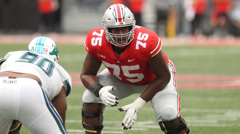 Ohio State’s Thayer Munford lines up during a game against Tulane on Saturday, Sept. 22, 2018, at Ohio Stadium in Columbus. David Jablonski/Staff