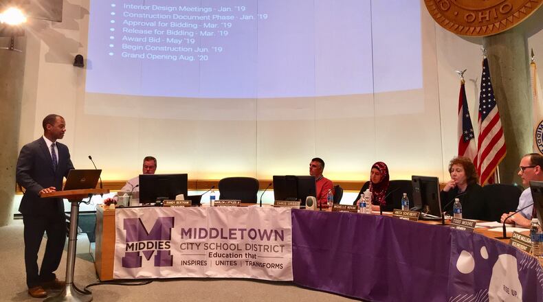The rejection last month of a $10 million plan of expansion and re-alignment of grades for some Middletown elementary schools has prompted district officials to offer a series of community meetings to gather public and staff input. Pictured is Marlon Styles Jr. (left) - superintendent of Middletown Schools - presenting his plan to the school board. Board members unanimously rejected the plan.