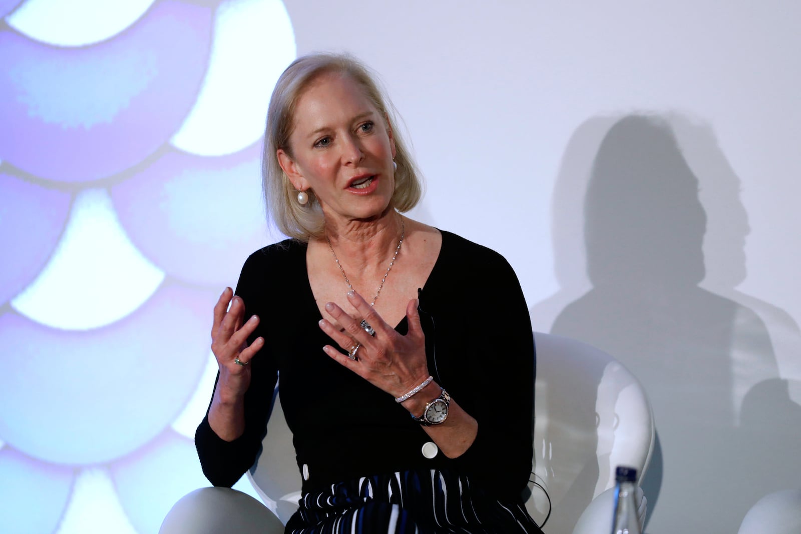 FILE - American businesswoman and philanthropist Wendy Schmidt speaks at the launch of the New Plastics Economy Innovation Prize at the Saatchi Gallery in London, May 18, 2017. (AP Photo/Matt Dunham, File)
