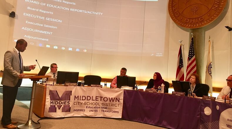 Marlon Styles Jr., superintendent of Middletown Schools, made a proposal Monday evening to the school board to spend $10 million to expand Rosa Parks Elementary by August 2021 through the addition of 13 classrooms. In January, Styles’ plan to expand Central Academy School was unanimously rejected by the school board.(Photo by Michael D. Clark/Journal-News)