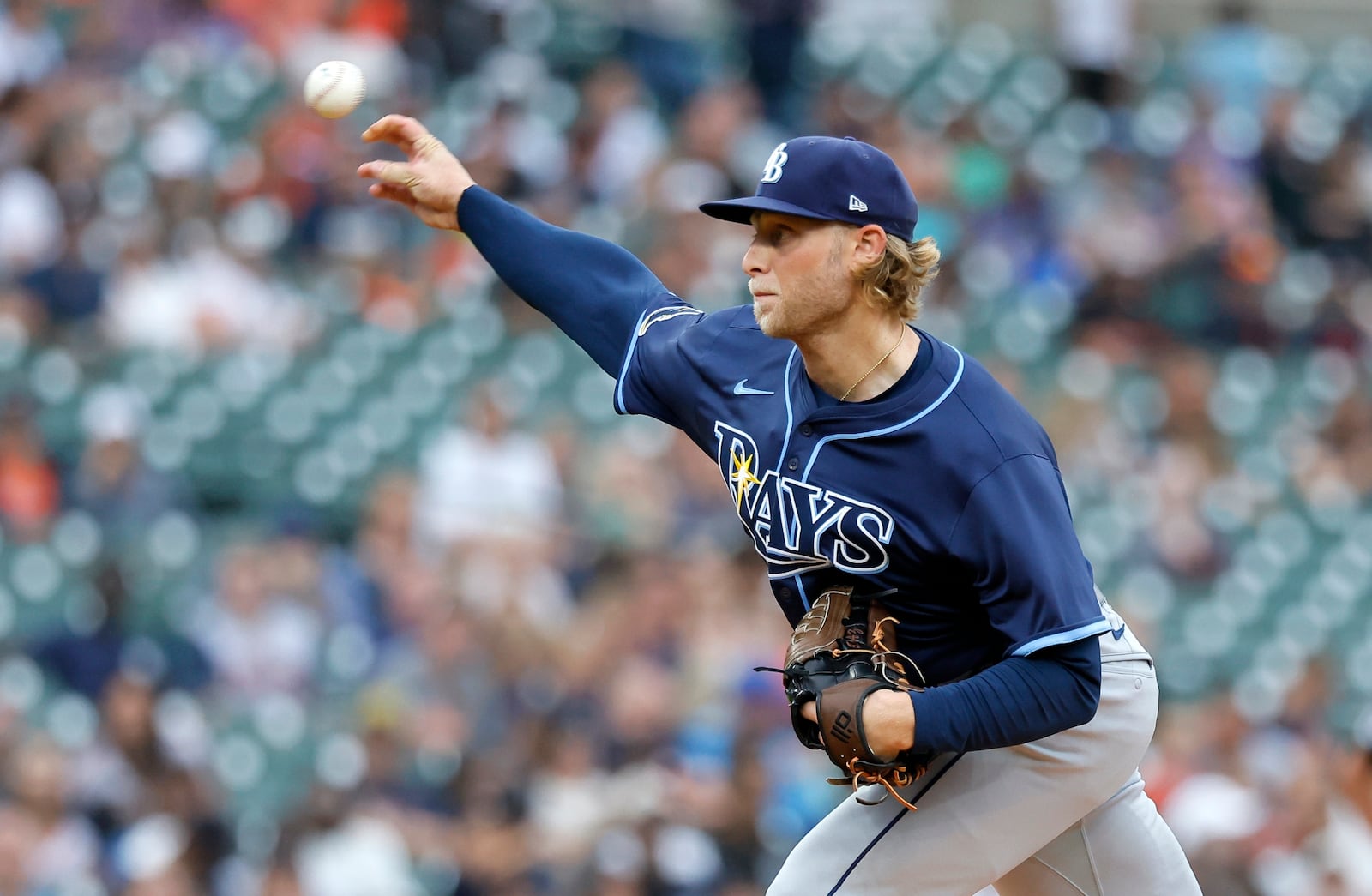 Tampa Bay Rays' Shane Baz pitches against the Detroit Tigers during the first inning of a baseball game Monday, July 7, 2025, in Detroit. (AP Photo/Duane Burleson)