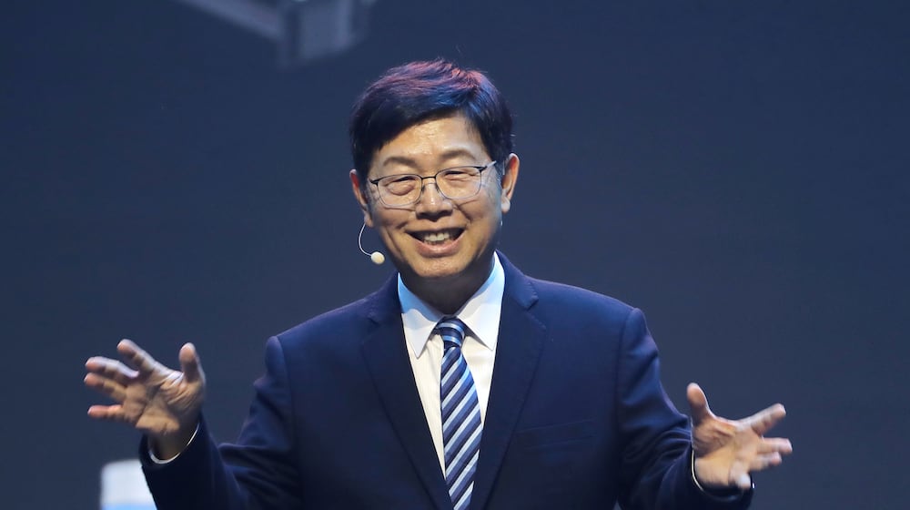 Foxconn Chairman Young Liu delivers a speech during the Hon Hai Tech Day (HHTD 25) at the Nangang Exhibition Center in Taipei, Taiwan, Friday, Nov. 21, 2025. (AP Photo/Chiang Ying-ying)