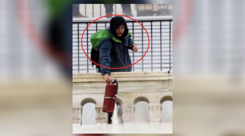 Image submitted as evidence in court documents accusing Nicholas Brockhoff, of Covington, Ky., participating in the Jan. 6 attack on the U.S. Capitol. FBI PROVIDED / WCPO-TV