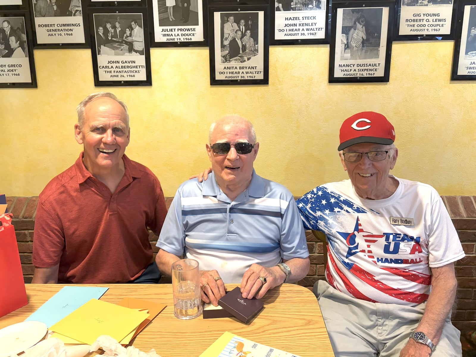 Larry Smith with his two “absolute gifts from God” Steve Wirick (left) and Harry Bradbury at Larry’s 87th birthday celebration on Thursday night at Marion’s Pizza. TOM ARCHDEACON / CONTRIBUTED PHOTO