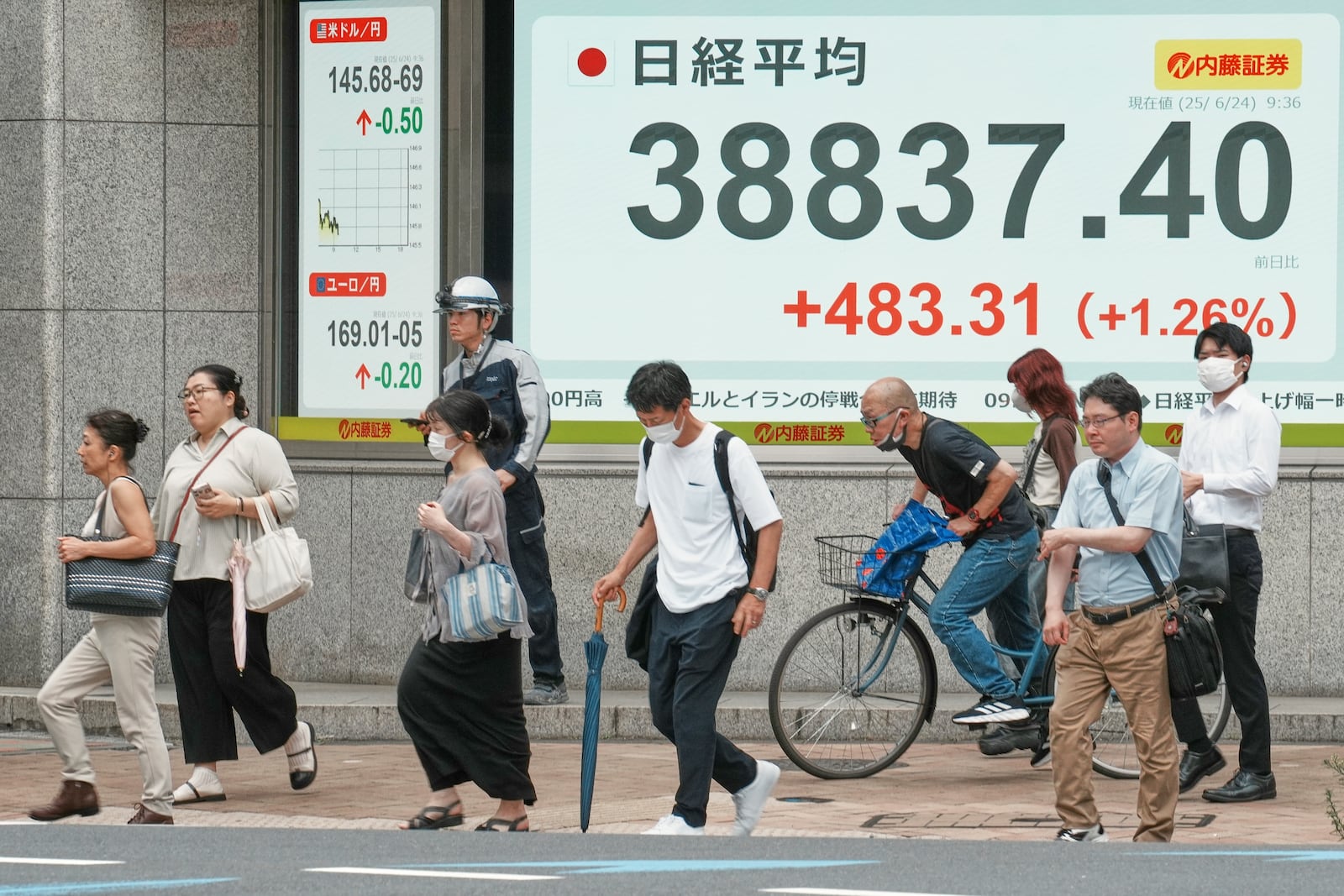 People walk in front of an electronic stock board showing Japan's Nikkei index at a securities firm Tuesday, June 24, 2025, in Tokyo. (AP Photo/Eugene Hoshiko)