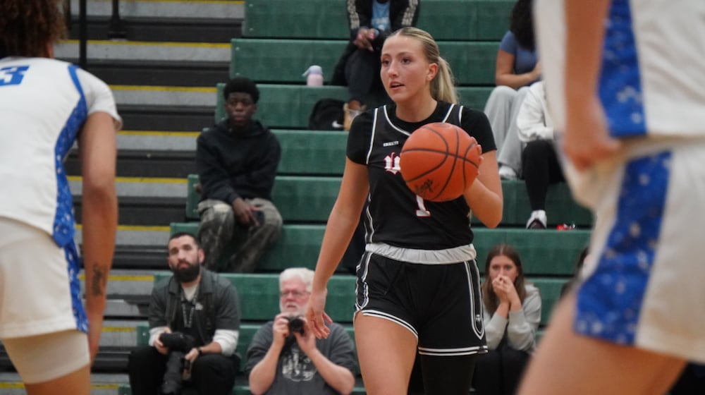 Lakota West senior Katie Fox dribbles the ball up the court during their Division I regional semifinal game against Springboro on Wednesday, March 4, 2026 at Mason. CHRIS VOGT / CONTRIBUTED PHOTO