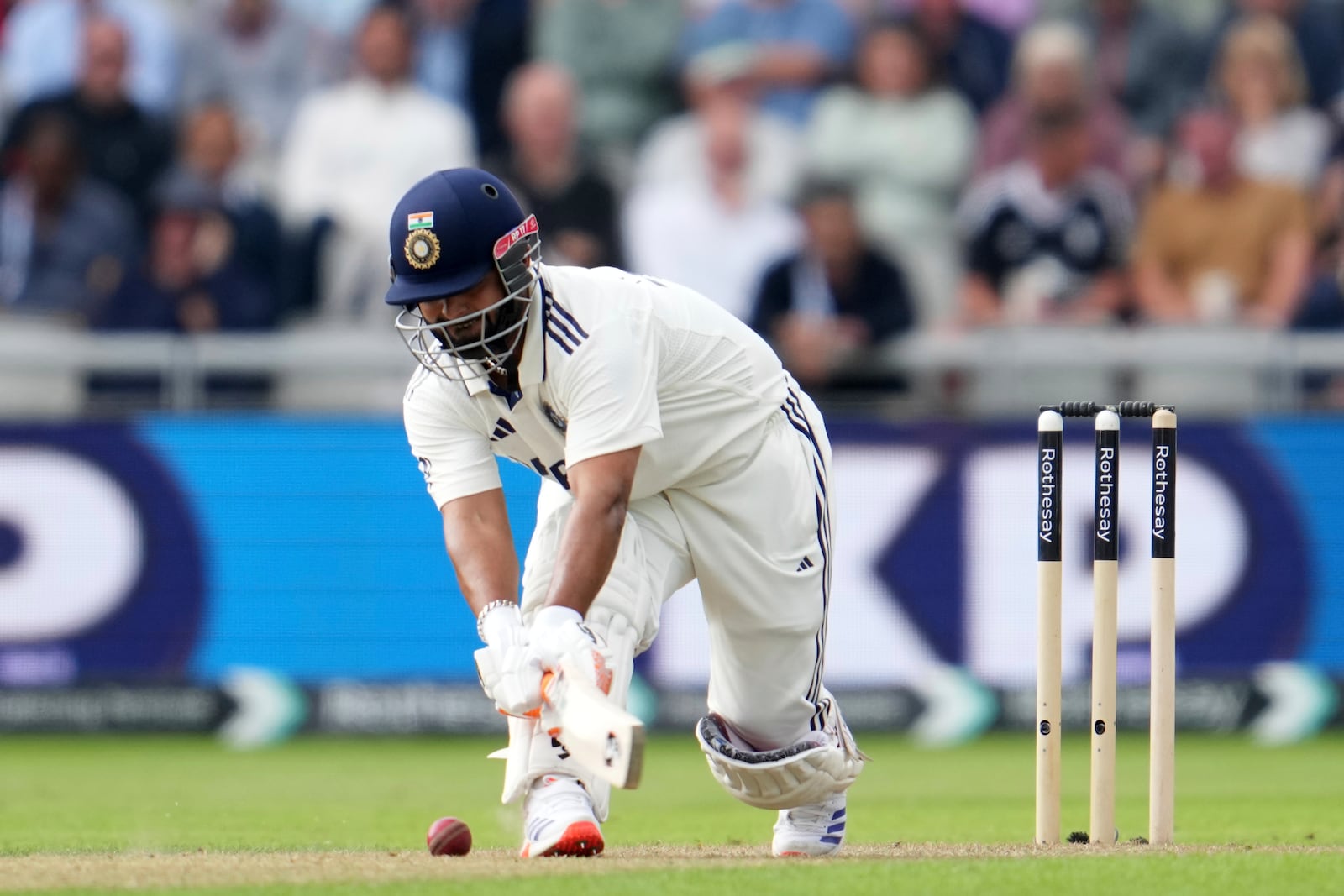 India's Rishabh Pant plays a shot during the fourth cricket test match between England and India at Emirates Old Trafford, Manchester, England, Wednesday, July 23, 2025.(AP Photo/Jon Super)