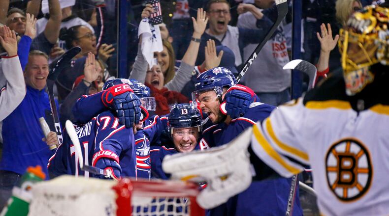 COLUMBUS, OH - APRIL 30:  Matt Duchene #95 of the Columbus Blue Jackets is congratulated by his teammates after beating Tuukka Rask #40 of the Boston Bruins for a goal during the second period in Game Three of the Eastern Conference Second Round during the 2019 NHL Stanley Cup Playoffs on April 30, 2019 at Nationwide Arena in Columbus, Ohio. (Photo by Kirk Irwin/Getty Images)