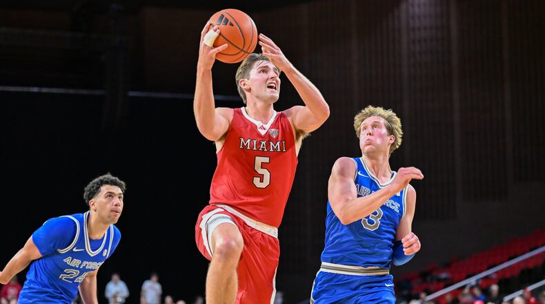 Miami’s Peter Suder goes up for a shot against Air Force earlier this season at Millett Hall. Miami Athletics photo