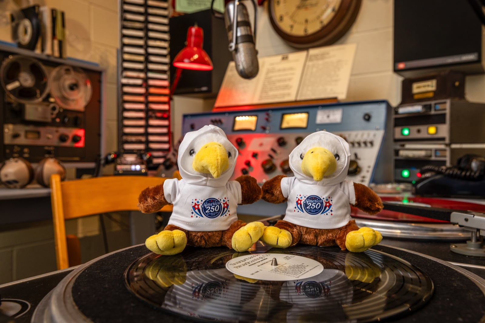 After visiting 10 trail locations on The Time Travel Trail, guests can stop in the Travel Butler County Welcome Center to collect an America250 Butler County custom plush eagle prize.  Photo courtesy of Travel Butler County.