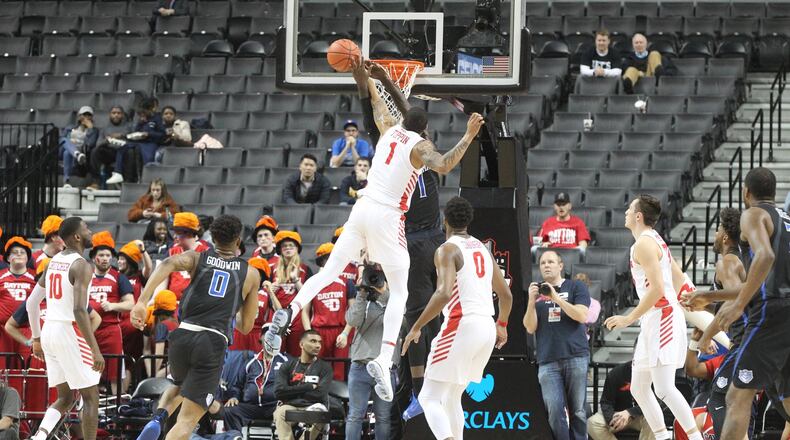 Dayton’s Obi Toppin blocks a shot against Saint Louis in the quarterfinals of the Atlantic 10 tournament on Friday, March 15, 2019, at the Barclays Center in Brooklyn, N.Y. David Jablonski/Staff