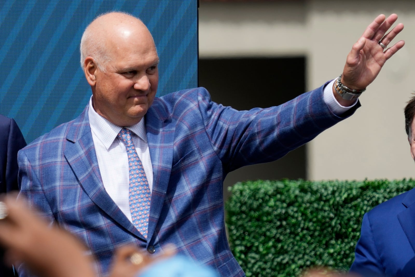 FILE - Former Chicago Cubs player Ryne Sandberg waves before the team unveils a statue of him before a baseball game against the New York Mets in Chicago, June 23, 2024. (AP Photo/Nam Y. Huh, File)