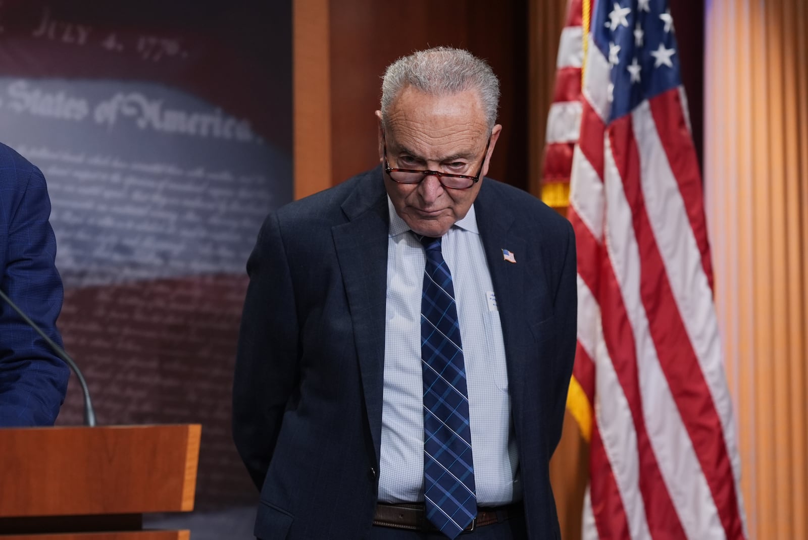 Senate Minority Leader Chuck Schumer, D-N.Y., talks to reporters about Senate Republicans' efforts to pass President Donald Trump's tax cut and spending agenda with deeper Medicaid cuts, at the Capitol in Washington, Wednesday, June 18, 2025. (AP Photo/J. Scott Applewhite)